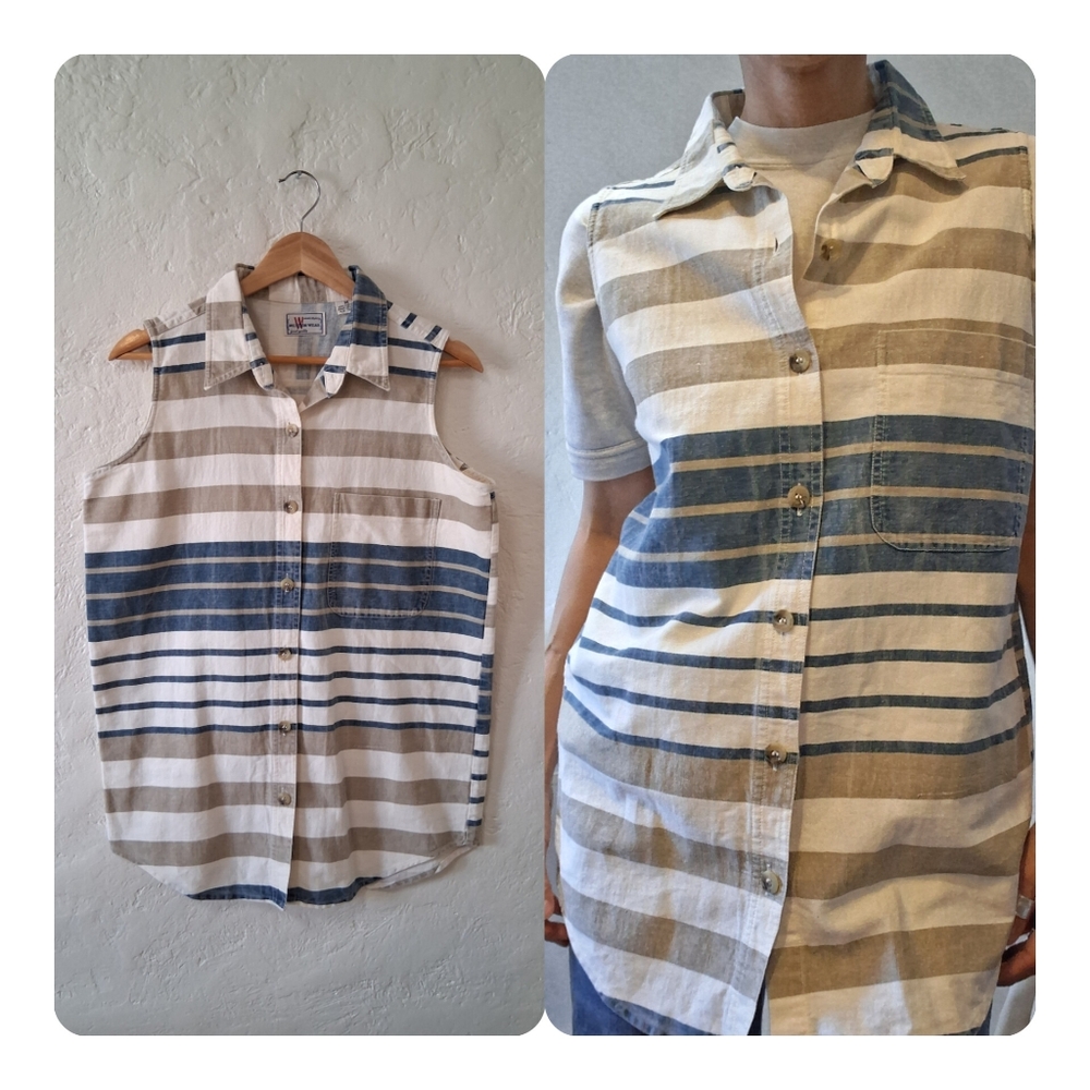 90s Weston Wear Blue White Striped Sleeveless Button Up Shirt